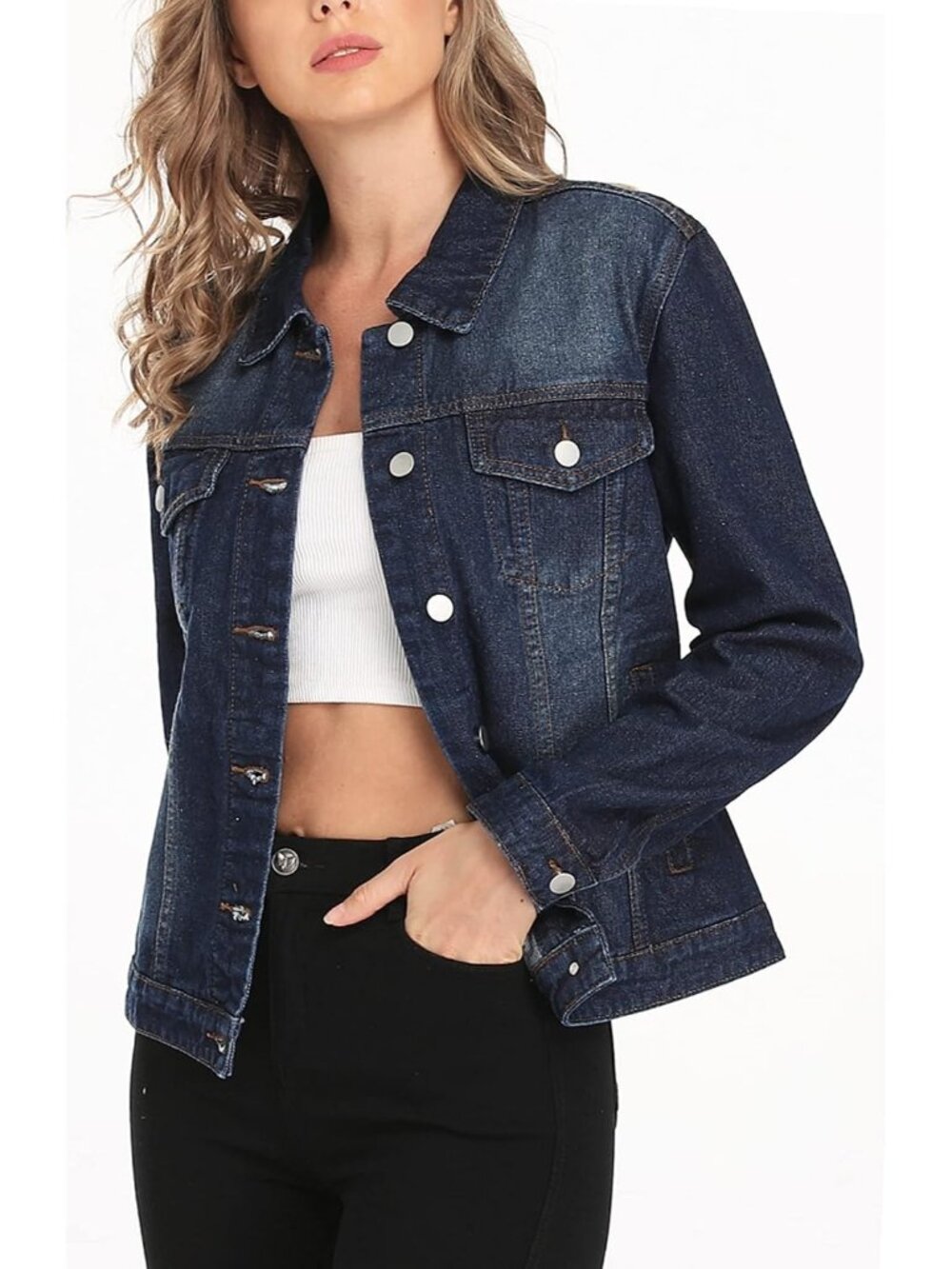 〽️Women's Dark Blue Denim Jacket Classic Button Up Long Sleeve Jean Coat - Picture 2 of 5